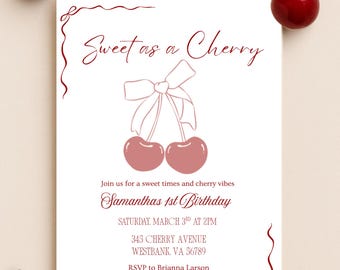 May include: A white invitation card with the text "Sweet as a Cherry" and details for Samantha's 1st birthday. The design includes a cherry illustration and decorative borders. Fresh cherries are placed around the card.