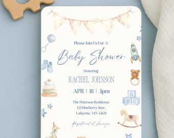 Blue Baby Shower Invitation Template: Editable Boy Invite (Digital Download)