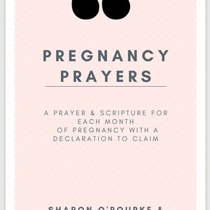 May include: A pink and white book cover with the title "Pregnancy Prayers" and the subtitle "A prayer & scripture for each month of pregnancy with a declaration to claim". The authors are Sharon O'Rourke & Cindy Peterson.