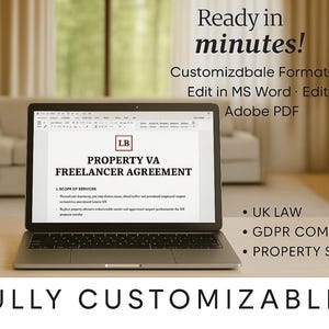 May include: A laptop displaying a "PROPERTY VA FREELANCER AGREEMENT" document. The screen shows text and a logo. The image also includes the text "Ready in minutes!" and "FULLY CUSTOMIZABLE". Icons for MS Word and PDF are visible.