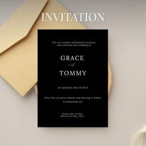 May include: A black wedding invitation with white text, including the names "Grace" and "Tommy" and the date "July 29 2023." The invitation is set against a neutral background with a gold envelope.