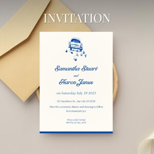 May include: A wedding invitation card featuring a blue illustration of a vintage car. The card displays the names Samantha Stuart and Aaron James, the wedding date, address, and dress code. The word "INVITATION" is at the top.