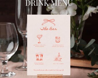 Red Ribbon Wedding Bar Menu | His and Hers Drinks Sign | Bride Groom Signature Cocktail Drink