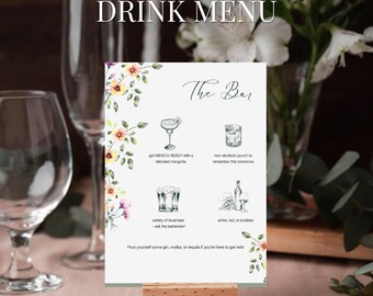 Floral Wedding Bar Menu | His and Hers Drinks Sign | Bride Groom Signature Cocktail Drink