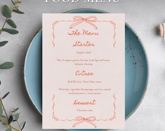 Red Ribbon Wedding Food Menu – Printable, Editable, Custom, Personalized, Minimalist Let's Eat DIY Food Menu