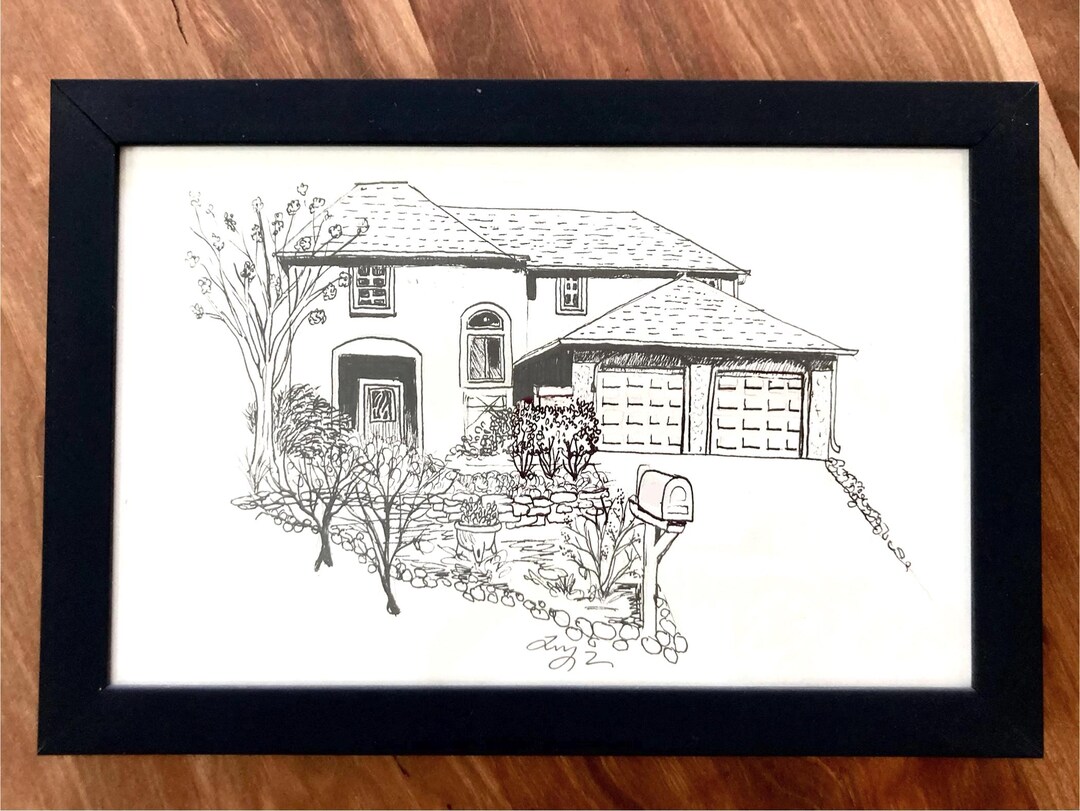 Custom House Portrait, Pen Ink Watercolor Artwork, Framed Home ...