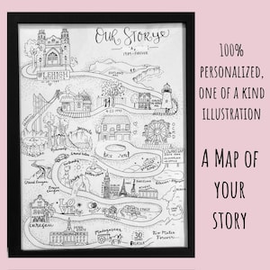 May include: A black and white ink illustration in a black frame depicting a winding path connecting various landmarks, buildings, and locations. The text "Our Story" and "1989-Forever" appears at the top, with "Two Mates Forever" at the bottom.