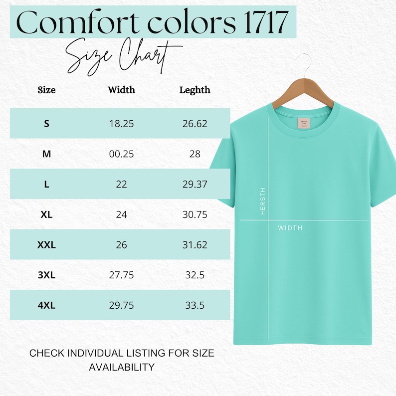 Puede incluir: Tabla de tallas para camisetas Comfort Colors 1717. La tabla muestra las tallas S a 4XL con medidas de ancho y largo en cent&iacute;metros. Una camiseta de color verde azulado claro cuelga de una percha de madera.