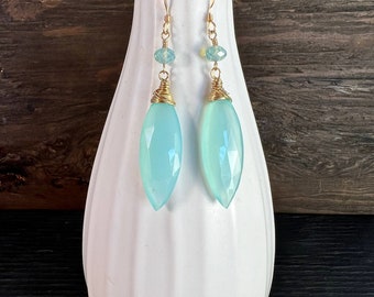 Aqua chalcedony earrings with 14k gold fill and Swarovski crystals