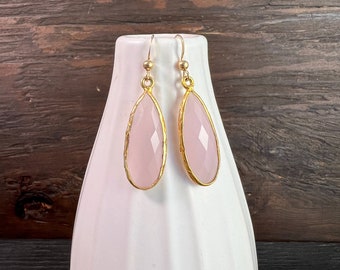 Pink chalcedony earrings, pink gemstone earrings on gold