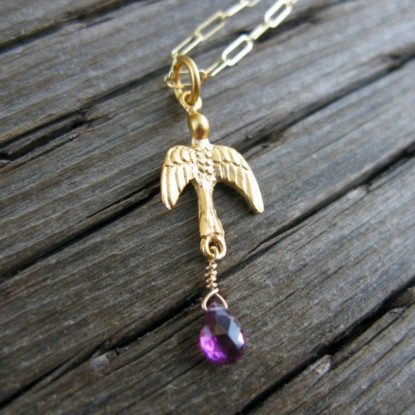 Gold bird necklace, purple garnet necklace, handmade gold necklace