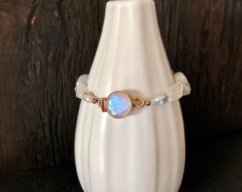 Rainbow moonstone and pearl bracelet with rose gold clasp