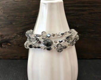 Tourmalinated quartz bracelet with herkimer diamond, black spinel and sterling silver