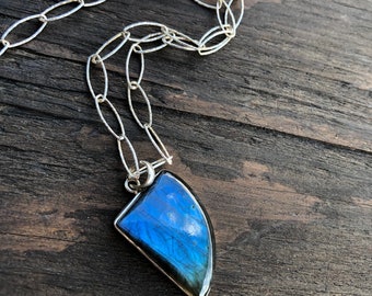 Labradorite and sterling silver necklace, blue flash labradorite