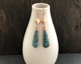 Turquoise earrings with rose gold, December birthstone, Bronze infused turquoise