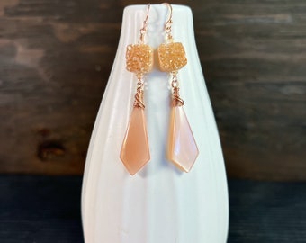 Peach moonstone earrings with drusy on rose gold