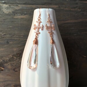 Rose gold crystal quartz earrings, handmade rose gold earrings