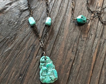 Chrysocolla necklace, Gunmetal necklace with chrysocolla