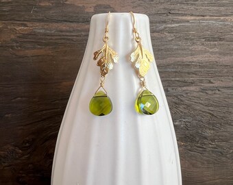 Gold oak leaf earrings, green crystal earrings, Swarovski crystal earrings