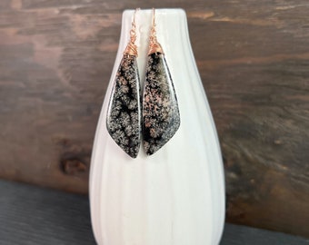 Snowflake obsidian earrings, obsidian and rose gold earrings