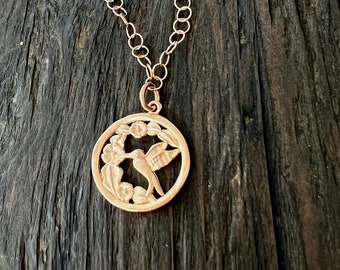 Rose gold Hummingbird necklace, Hummingbird and flowers