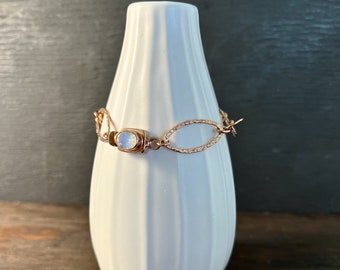 Rose gold bracelet with moonstone clasp, hammered rose gold and moonstone