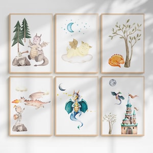 Dragon Nursery Wall Art Set – Watercolor Baby Dragon Posters for Kids Room Decor – 8x10” A4 16x20” Printable Art