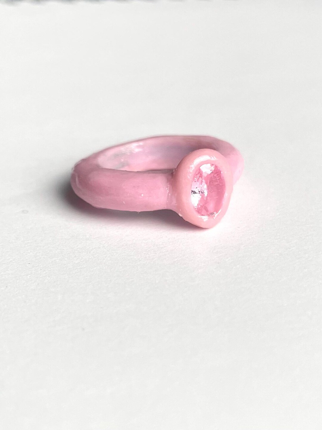 Blushy Pink Polymer Clay Ring Set in Pink Oval Sapphire Cubic Zirconia ...