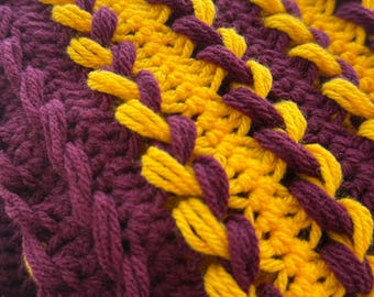 Commanders Crochet Scarf: Burgundy, Gold & White Striped Handmade Scarf