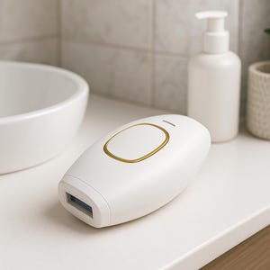 May include: A white, handheld hair removal device with a gold-colored oval accent. The device has a rectangular blue light aperture and is positioned on a white surface, suggesting a bathroom setting. Other white bathroom accessories are in the background.