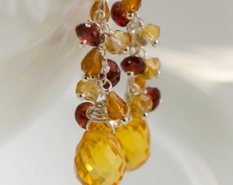 CITRINE ///Citrus Citrine, Hessonite and Deep Red Garnet Cluster Earrings///