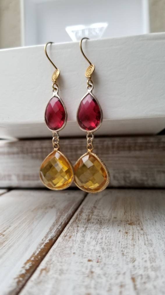 Ruby Red and Golden Geometric Dangly Beadwork Earrings. Bezel | Etsy