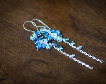 Aquamarine, Apatite, Kyanite, Iolite, Sapphire, Tanzanite Blue Gemstone Earrings. Beadwork Cluster Earrings. Sterling Silver Chain Jewelry.