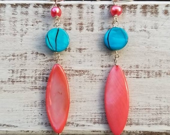 Bright Freshwater and Mother of Pearl Drop Earrings. Handmade Dangly Earrings. Fashion Earrings. Teen Gift. Colorful Beadwork.