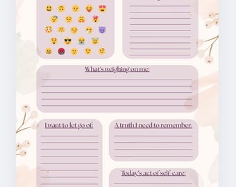 Op de afbeelding: Een "Daily Reflection" journaalpagina met een zachte aquarel achtergrond. De pagina bevat secties voor stemming check-in, dankbaarheid en zelfzorg, met vragen als "Wat weegt op me" en "Wat ik wil loslaten". De titel "Daily Reflection" staat bovenaan.