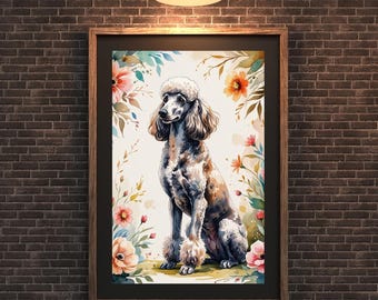 May include: A framed watercolor print of a poodle dog, surrounded by colorful flowers and foliage. The poodle has a white and brown coat, with a fluffy head and legs. The artwork is displayed on a brick wall.