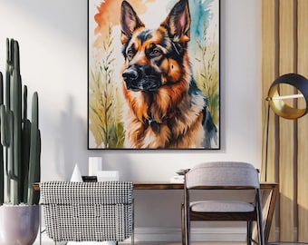 Lámina de acuarela de pastor alemán estilo bohemio / Retrato de perro fuerte (descarga digital) / Arte de pared imprimible