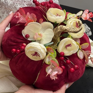 Luxury Red Velvet Pumpkin with Orchids Handmade Fall Centerpiece, Plush Velvet Pumpkin Decor, Autumn Wedding or Thanksgiving Table Accent,