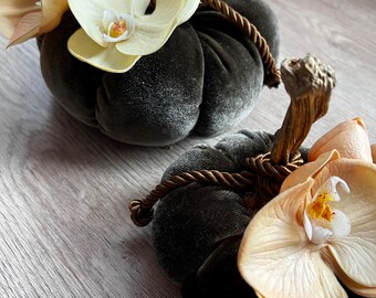Handgemachte Velour Kürbisse mit Beige Orchideen, 2er Set