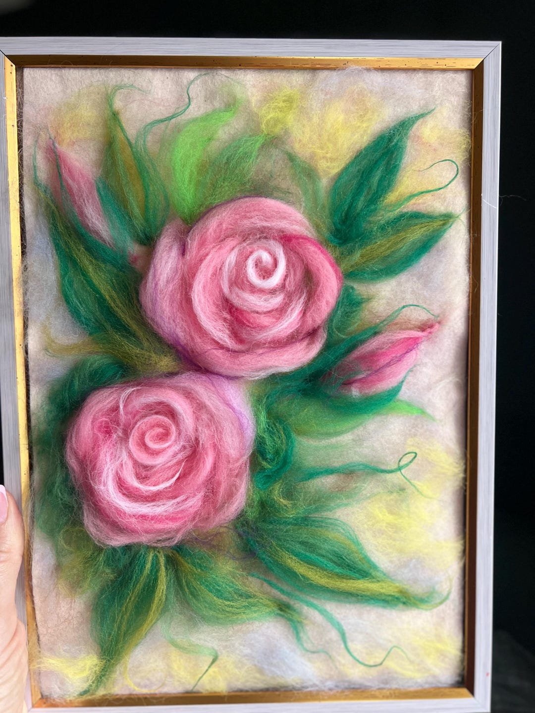 Needle Felted Pink Roses - Framed Wool Painting, Handmade Floral Art ...