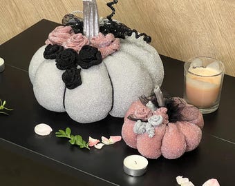 Pink Fabric Pumpkins Set of 3, Handmade Fall Decor, Blush Velvet Pumpkins with Floral Top, Cottagecore Autumn Centerpiece