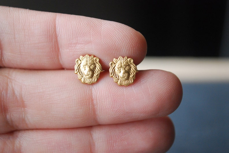 Lion Earrings Brass Lion Head Stud Earrings 8mm Etsy