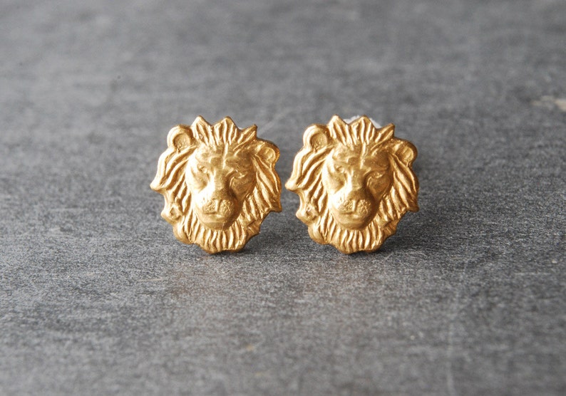 Lion Earrings Brass Lion Head Stud Earrings 8mm Etsy