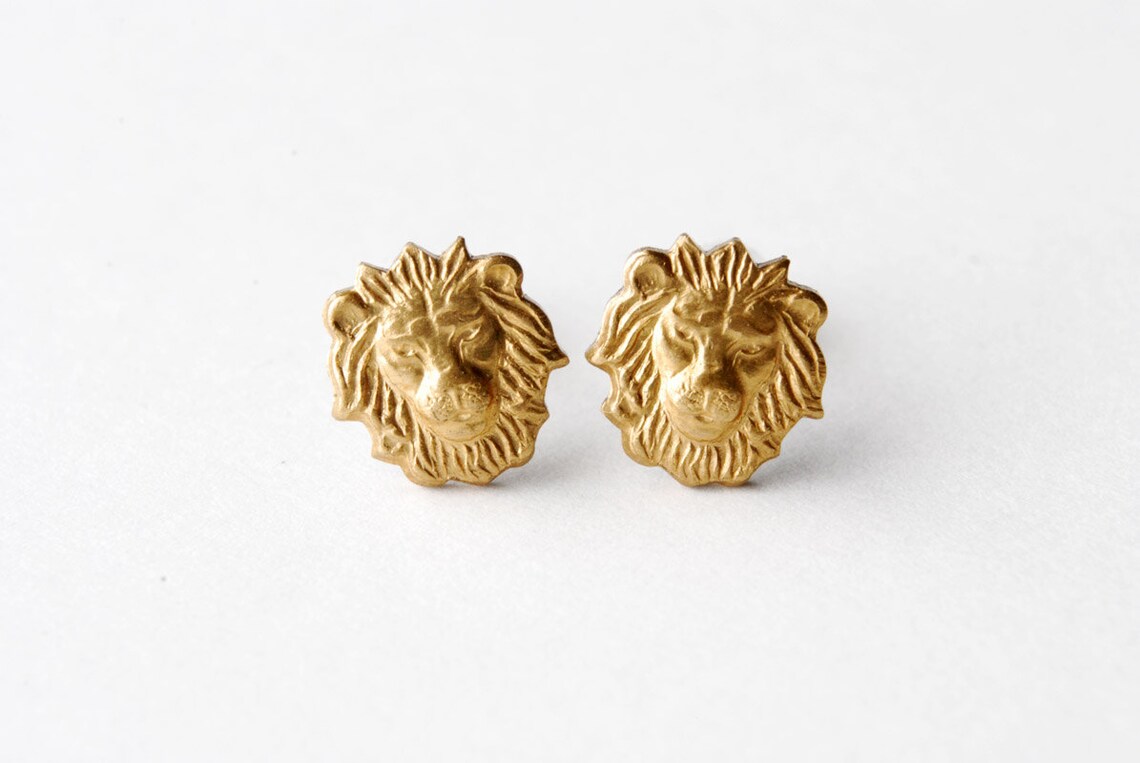 Lion Earrings Brass Lion Head Stud Earrings 8mm Etsy