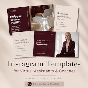 Könnte beinhalten: Instagram-Vorlagen für virtuelle Assistenten und Coaches werden präsentiert. Das Bild zeigt mehrere Mockups mit Text wie "Ich helfe Ihnen, SICHTBAR zu werden" und "3 Gründe, warum Sie Kunden verlieren". Die Vorlagen werden als minimalistisch, strategisch und hochwertig beschrieben.