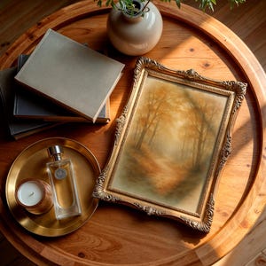 Könnte beinhalten: Ein Stillleben-Arrangement auf einem Holztisch. Enthält ein gerahmtes Landschaftsgemälde, Bücher, ein goldenes Tablett mit einer Kerze und einer Parfümflasche sowie eine kleine Vase mit Grün. Das Gemälde hat einen goldenen, verzierten Rahmen.