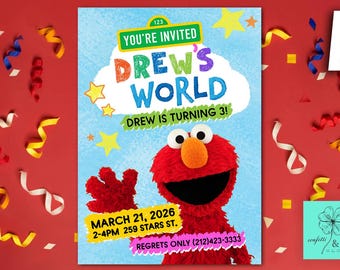 May include: A colorful birthday party invitation featuring the character Elmo from Sesame Street. The invitation reads "Drew's World" and includes the date, time, and location of the party. The background is red with colorful confetti.