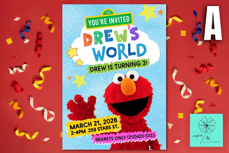 Puede incluir: Una colorida invitaci&oacute;n de cumplea&ntilde;os con el personaje Elmo de Sesame Street. La invitaci&oacute;n dice "Drew's World" e incluye la fecha, hora y lugar de la fiesta. El fondo es rojo con confeti colorido.