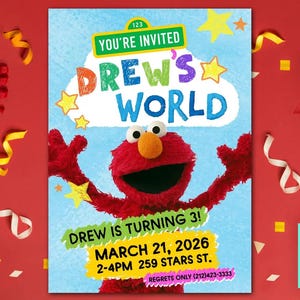 Puede incluir: Una colorida invitaci&oacute;n de cumplea&ntilde;os con el personaje de Drew's World. La invitaci&oacute;n incluye el texto "You're Invited" y "Drew's World". La invitaci&oacute;n tambi&eacute;n incluye la fecha, la hora y el lugar de la fiesta. El fondo es rojo con confeti.
