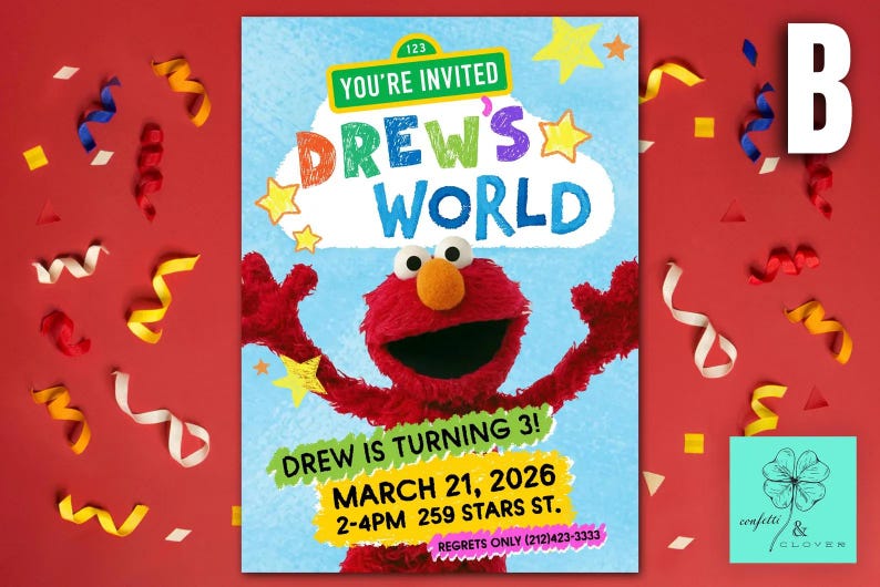 Puede incluir: Una colorida invitaci&oacute;n de cumplea&ntilde;os con el personaje de Drew's World. La invitaci&oacute;n incluye el texto "You're Invited" y "Drew's World". La invitaci&oacute;n tambi&eacute;n incluye la fecha, la hora y el lugar de la fiesta. El fondo es rojo con confeti.